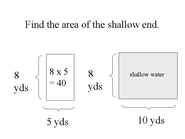 Find the area of the shallow end. 8 yds 8 x 5 = 40