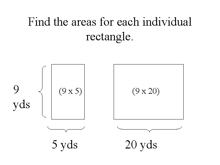 Find the areas for each individual rectangle. 9 yds (9 x 5) 5 yds