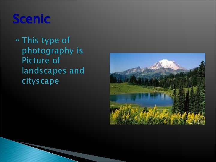 Scenic This type of photography is Picture of landscapes and cityscape 