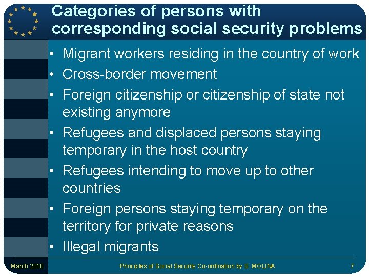 Categories of persons with corresponding social security problems • Migrant workers residing in the