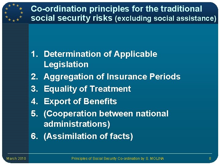 Co-ordination principles for the traditional social security risks (excluding social assistance) 1. Determination of