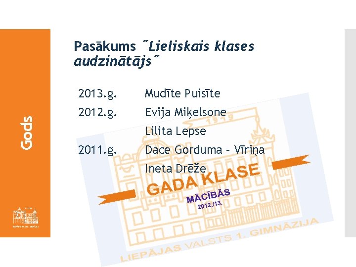 Gods Pasākums ˝Lieliskais klases audzinātājs˝ 2013. g. Mudīte Puisīte 2012. g. Evija Miķelsone Lilita