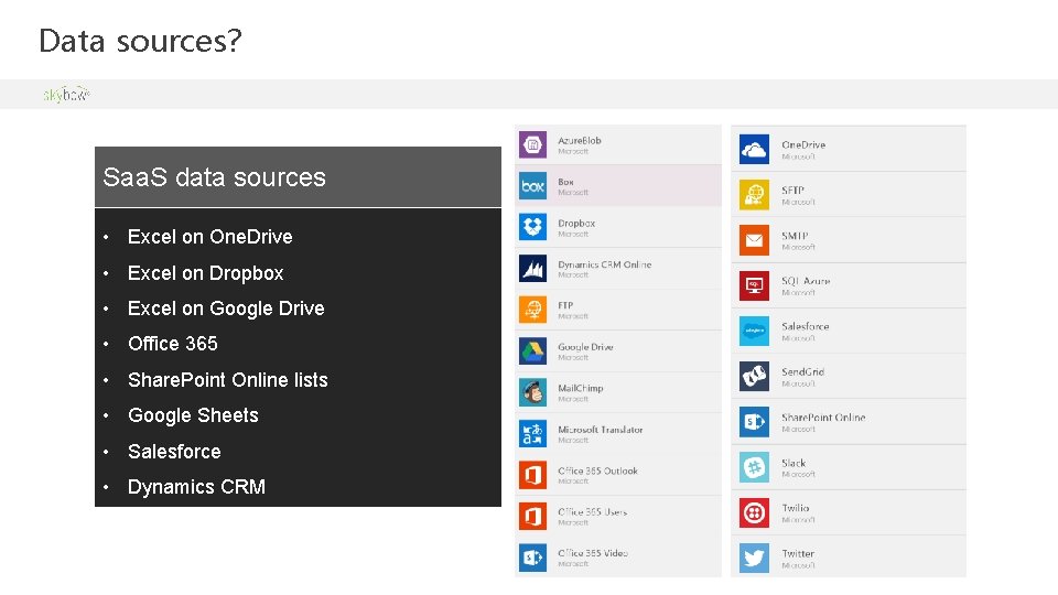 Data sources? Saa. S data sources • Excel on One. Drive • Excel on