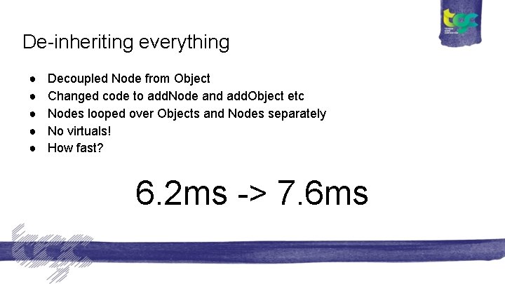 De-inheriting everything ● ● ● Decoupled Node from Object Changed code to add. Node