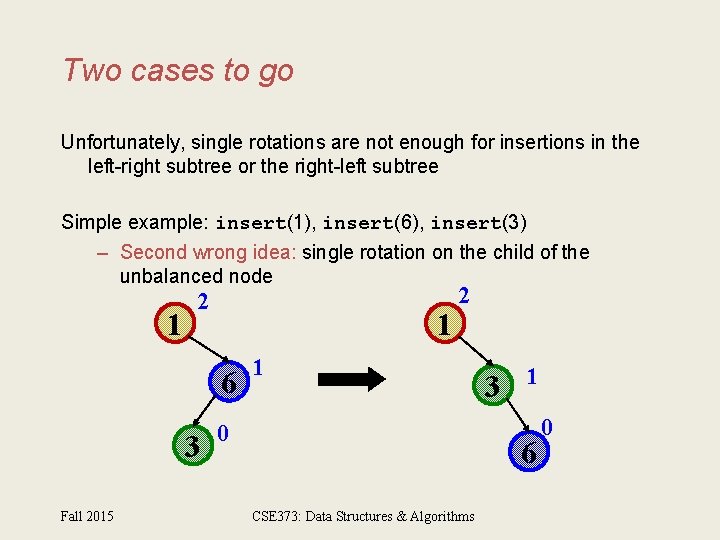 Two cases to go Unfortunately, single rotations are not enough for insertions in the