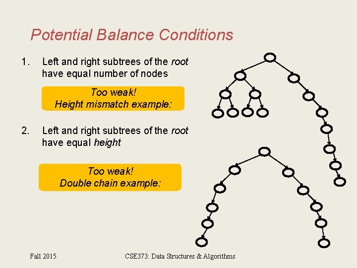 Potential Balance Conditions 1. Left and right subtrees of the root have equal number