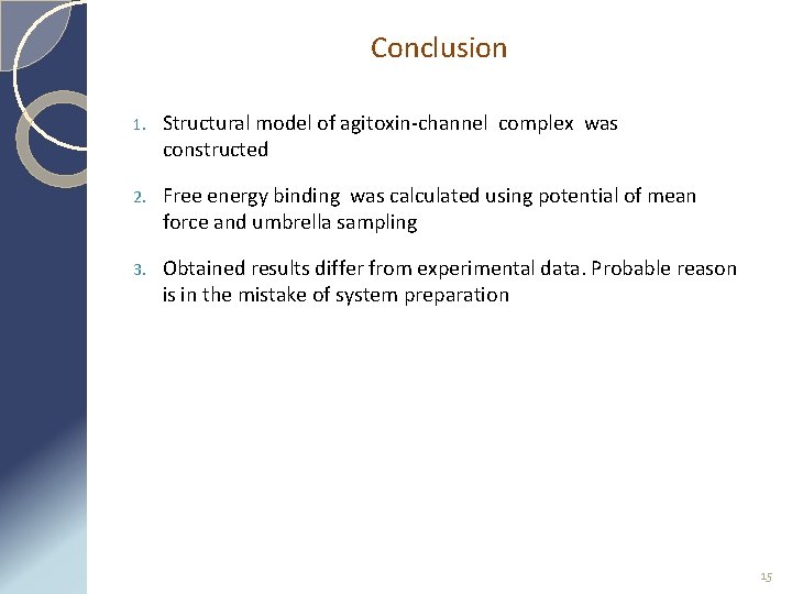 Conclusion 1. Structural model of agitoxin-channel complex was constructed 2. Free energy binding was