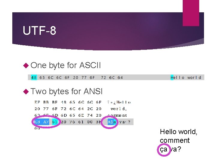 UTF-8 One byte for ASCII Two bytes for ANSI Hello world, comment ça va? UTF-8 One byte for ASCII Two bytes for ANSI Hello world, comment ça va?