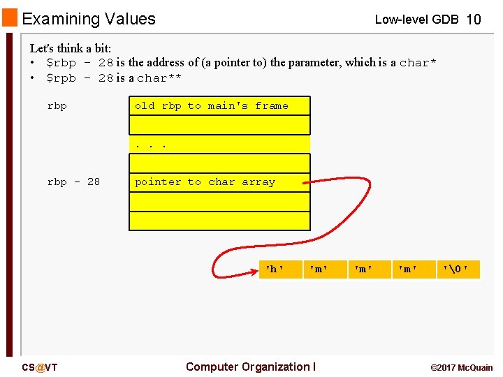 Examining Values Low-level GDB 10 Let's think a bit: • $rbp – 28 is