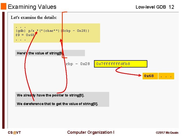Examining Values Low-level GDB 12 Let's examine the details: . . . (gdb) p/x