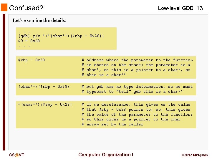 Confused? Low-level GDB 13 Let's examine the details: . . . (gdb) p/x *(*(char**)($rbp