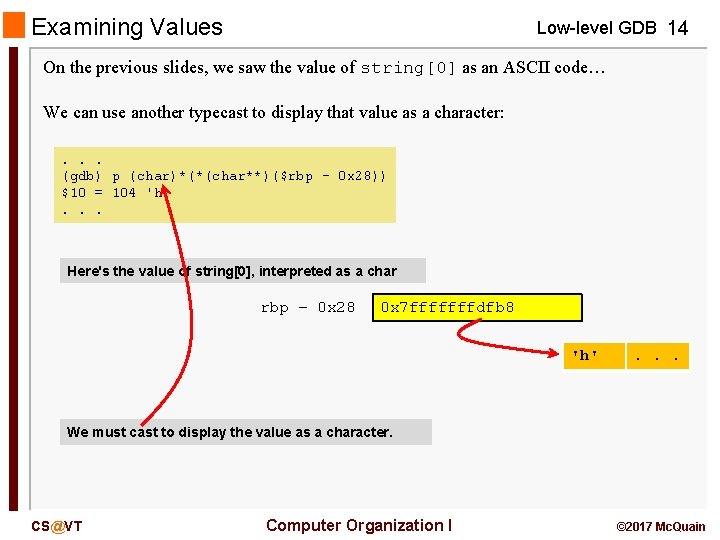 Examining Values Low-level GDB 14 On the previous slides, we saw the value of