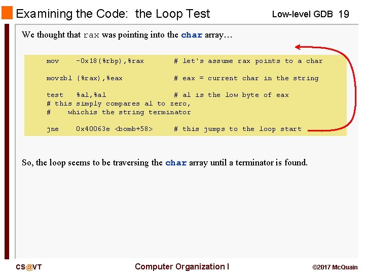 Examining the Code: the Loop Test Low-level GDB 19 We thought that rax was