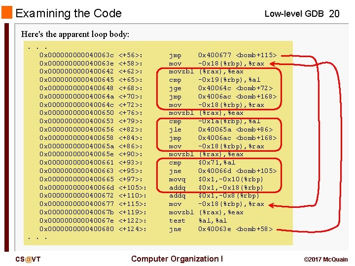 Examining the Code Low-level GDB 20 Here's the apparent loop body: . . .