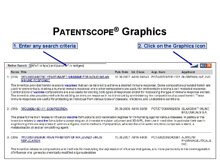 PATENTSCOPE® Graphics 1. Enter any search criteria 2. Click on the Graphics icon 