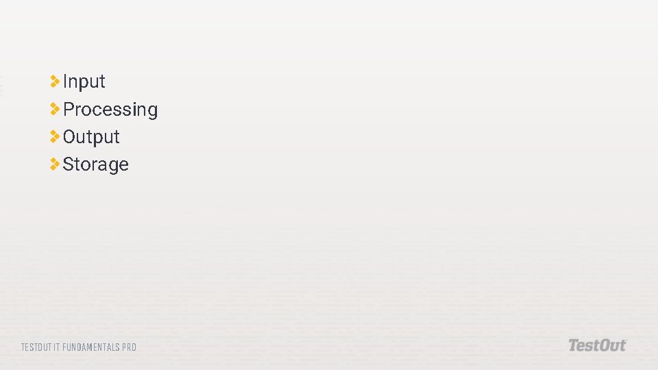 Input Processing Output Storage TESTOUT IT FUNDAMENTALS PRO 