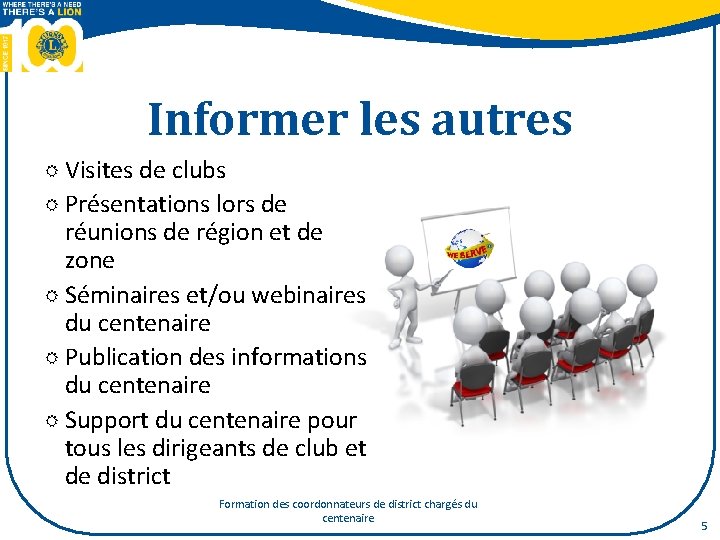 Informer les autres Visites de clubs Présentations lors de réunions de région et de