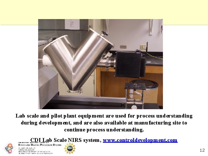 Lab scale and pilot plant equipment are used for process understanding during development, and