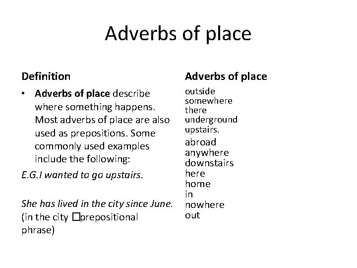 Adverbs of place Definition Adverbs of place • Adverbs of place describe where something