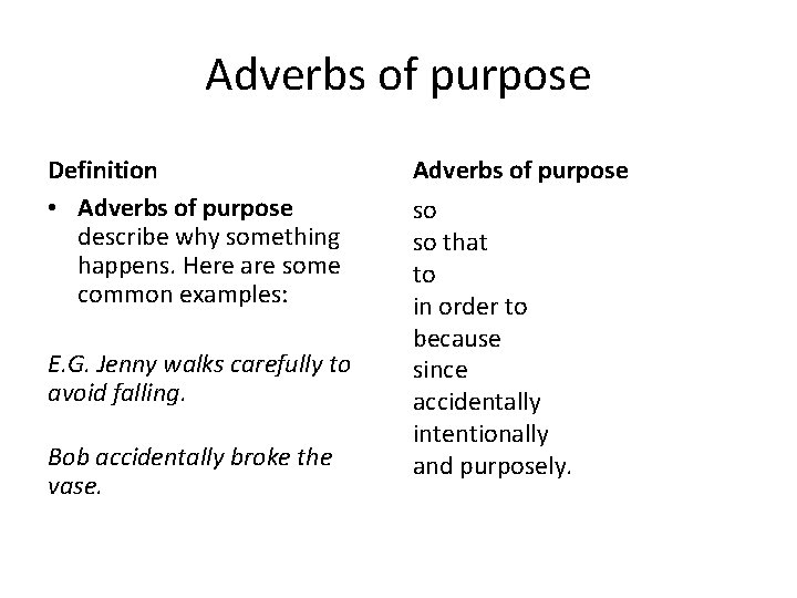 Adverbs of purpose Definition • Adverbs of purpose describe why something happens. Here are