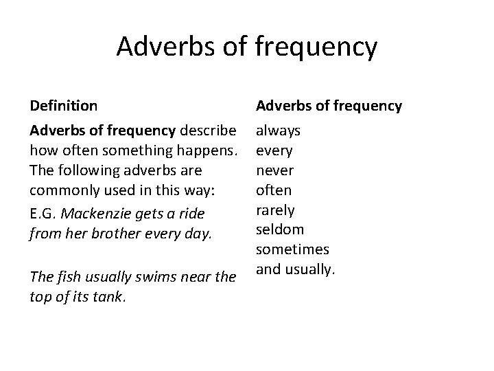 Adverbs of frequency Definition Adverbs of frequency describe how often something happens. The following