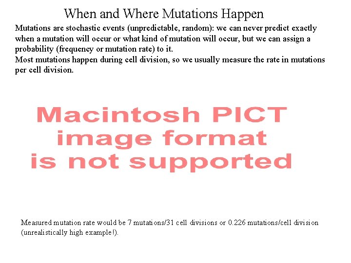 When and Where Mutations Happen Mutations are stochastic events (unpredictable, random): we can never