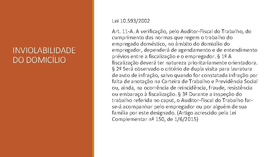Lei 10. 593/2002 INVIOLABILIDADE DO DOMICÍLIO Art. 11 -A. A verificação, pelo Auditor-Fiscal do