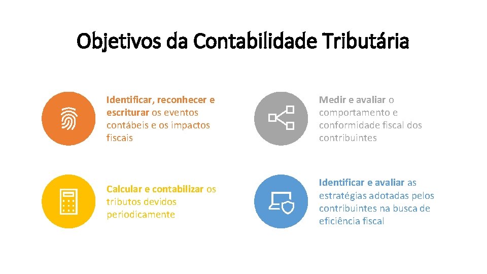 Objetivos da Contabilidade Tributária Identificar, reconhecer e escriturar os eventos contábeis e os impactos