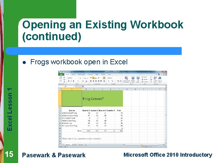 Opening an Existing Workbook (continued) Frogs workbook open in Excel Lesson 1 l 15