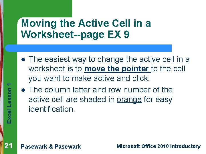 Moving the Active Cell in a Worksheet--page EX 9 Excel Lesson 1 l 21