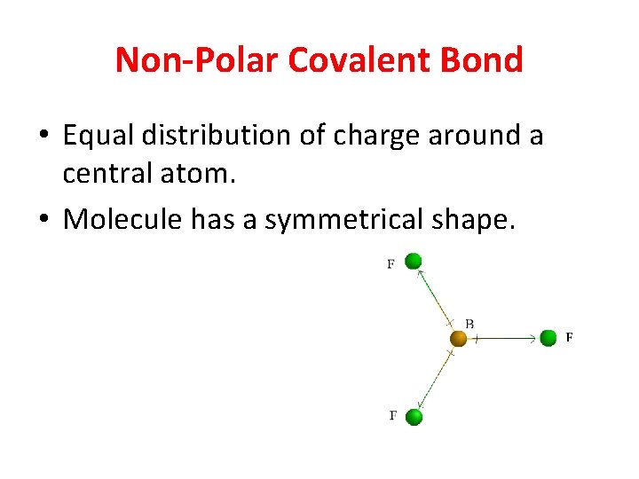 Non-Polar Covalent Bond • Equal distribution of charge around a central atom. • Molecule