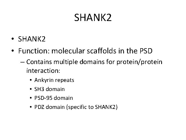 SHANK 2 • Function: molecular scaffolds in the PSD – Contains multiple domains for