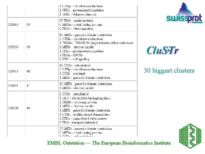 30 biggest clusters EMBL Outstation — The European Bioinformatics Institute 