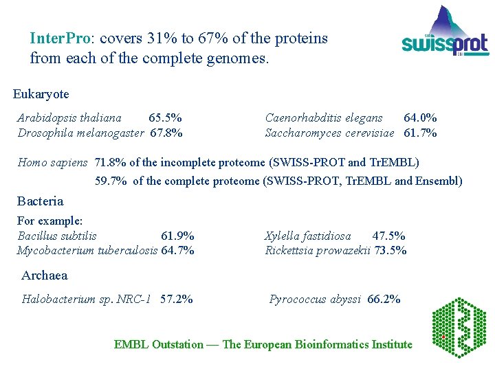 Inter. Pro: covers 31% to 67% of the proteins from each of the complete