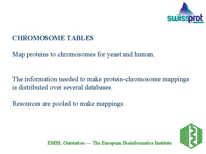 CHROMOSOME TABLES Map proteins to chromosomes for yeast and human. The information needed to