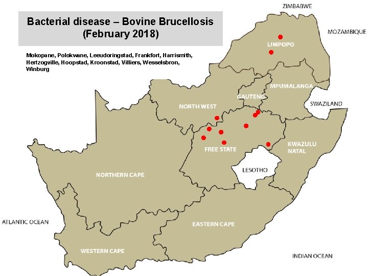 Bacterial disease – Bovine Brucellosis (February 2018) kjkjnmn Mokopane, Polokwane, Leeudoringstad, Frankfort, Harrismith, Hertzogville,