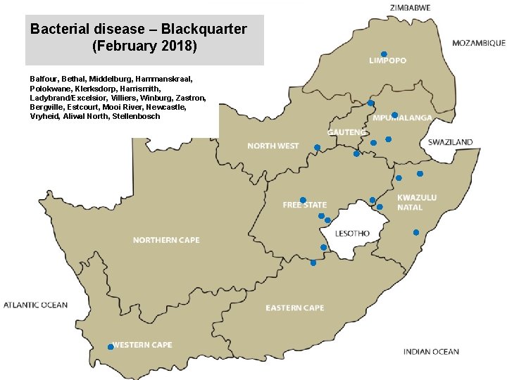 Bacterial disease – Blackquarter (February 2018) kjkjnmn Balfour, Bethal, Middelburg, Hammanskraal, Polokwane, Klerksdorp, Harrismith,