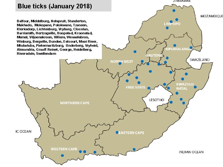 Blue ticks (January 2018) jkccff Balfour, Middelburg, Nelspruit, Standerton, Makhado, Mokopane, Polokwane, Tzaneen, Klerksdorp,