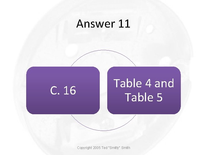 Answer 11 C. 16 Table 4 and Table 5 Copyright 2005 Ted "Smitty" Smith