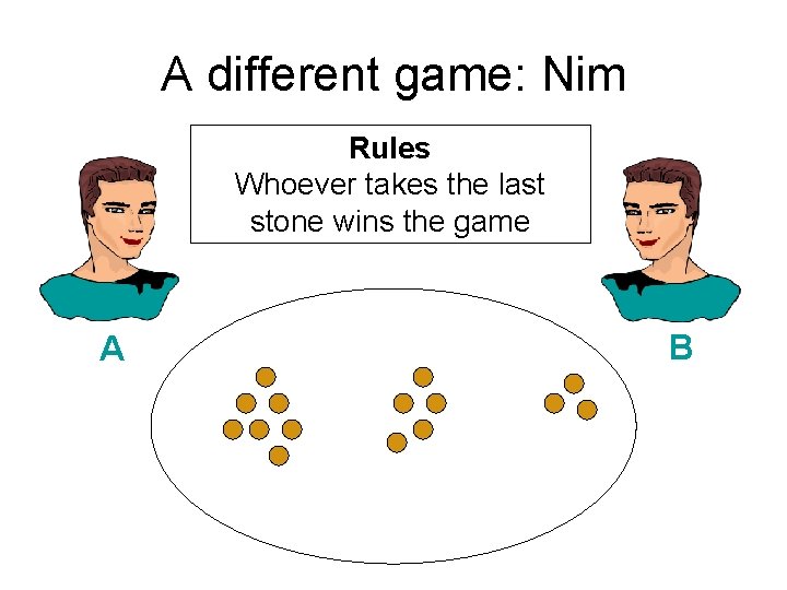 A different game: Nim Rules Whoever takes the last stone wins the game A