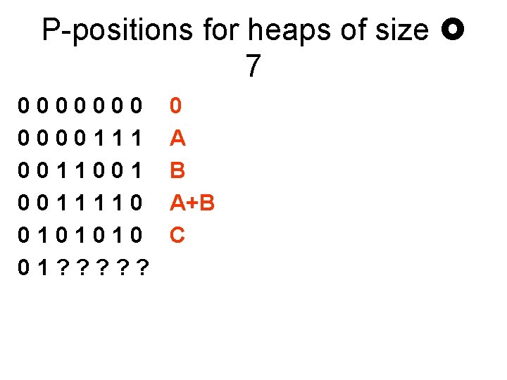 P-positions for heaps of size 7 0000000111 0011001 0011110 0101010 01? ? ? 0