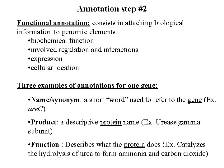 Annotation step #2 Functional annotation: consists in attaching biological information to genomic elements. •
