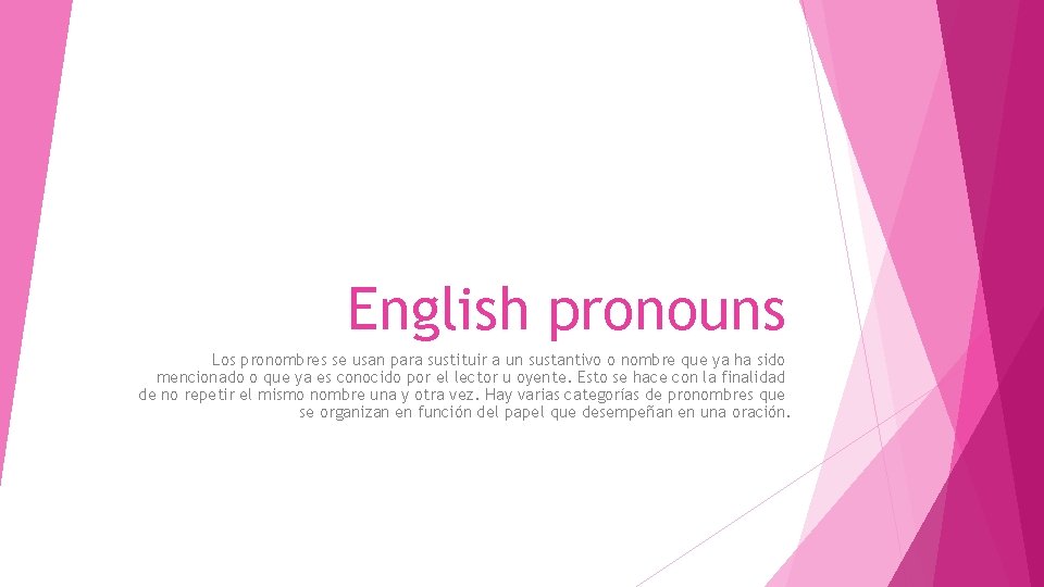 English pronouns Los pronombres se usan para sustituir a un sustantivo o nombre que