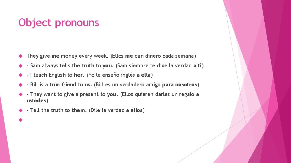 Object pronouns They give me money every week. (Ellos me dan dinero cada semana)