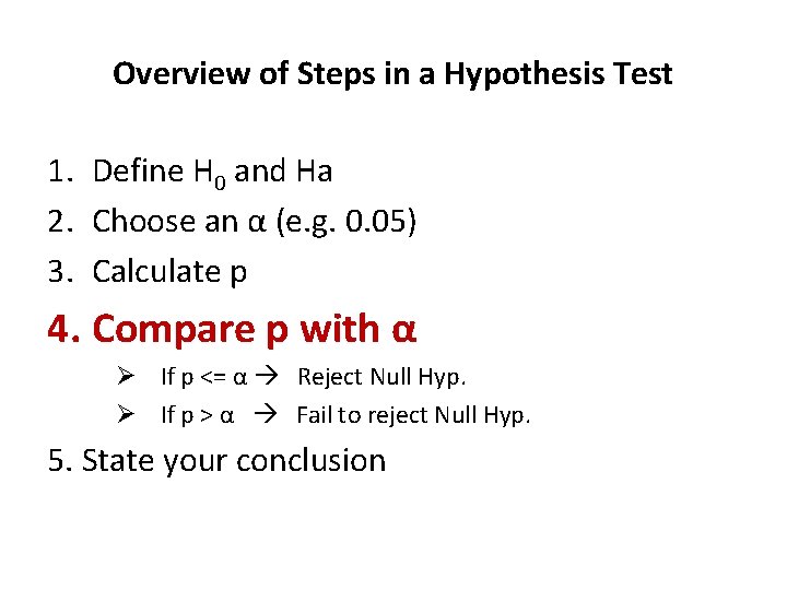 Overview of Steps in a Hypothesis Test 1. Define H 0 and Ha 2.