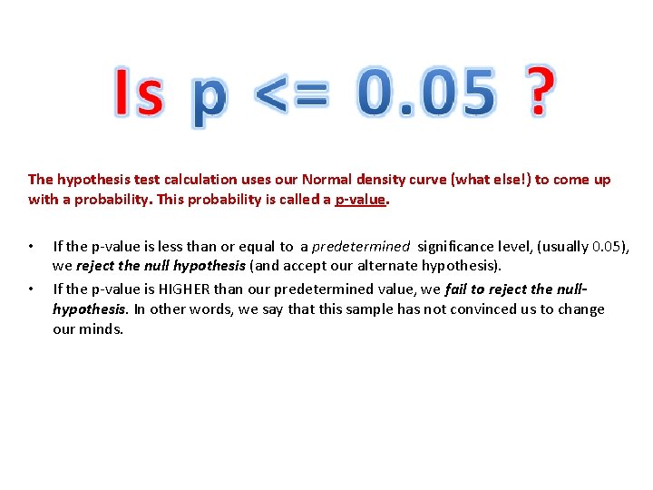 The hypothesis test calculation uses our Normal density curve (what else!) to come up