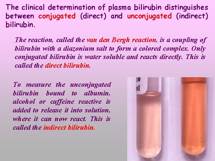 The clinical determination of plasma bilirubin distinguishes between conjugated (direct) and unconjugated (indirect) bilirubin.