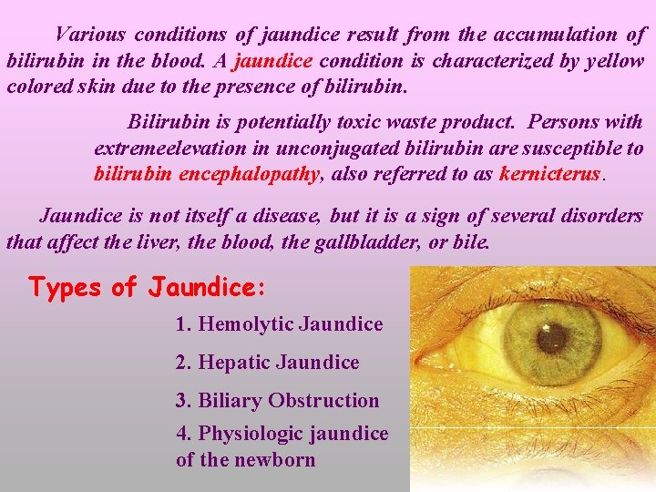 Various conditions of jaundice result from the accumulation of bilirubin in the blood. A