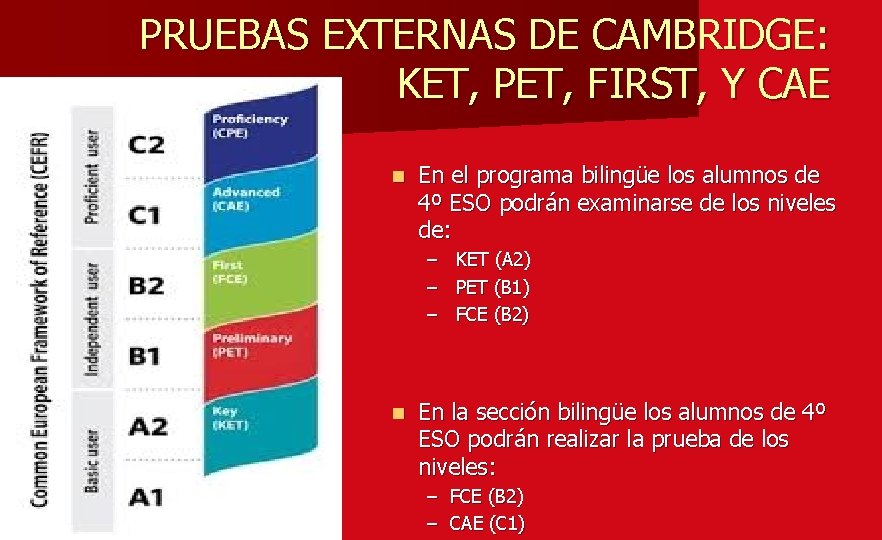 PRUEBAS EXTERNAS DE CAMBRIDGE: KET, PET, FIRST, Y CAE n En el programa bilingüe