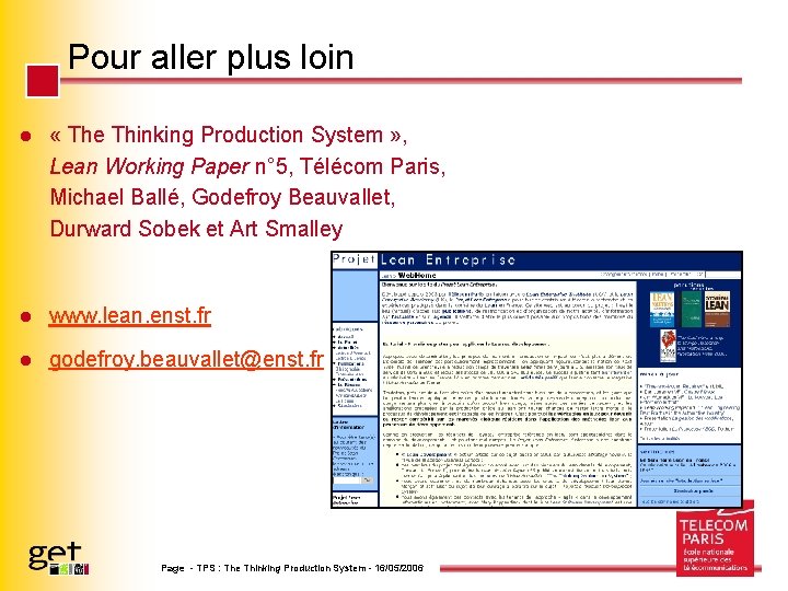 Pour aller plus loin l « The Thinking Production System » , Lean Working